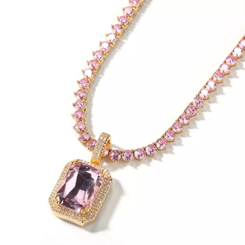 Pink Cube Gold Tennis Necklace