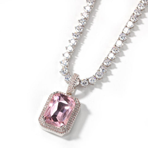 Pink Cube White Tennis Necklace